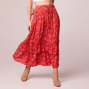 Chic Floral Red Midi Skirt